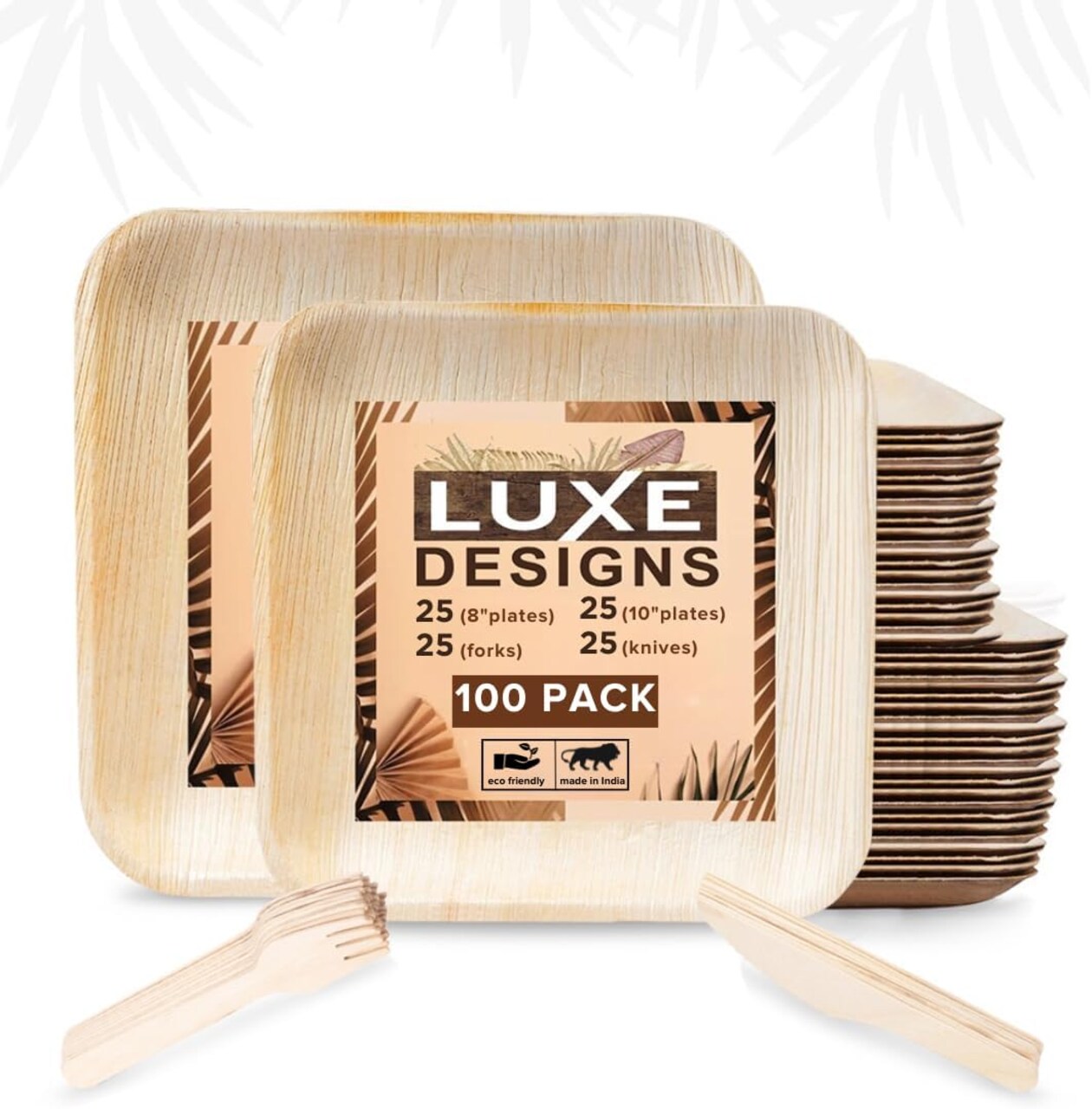 Palm Leaf Plates – Eco-Friendly Alternative to Bamboo & Plastic, Heavy-Duty Compostable & Biodegradable Dinnerware. Microwave & Oven Safe. Set of 50 (10"x25 & 8"x25) Plates with Utensils for Parties.